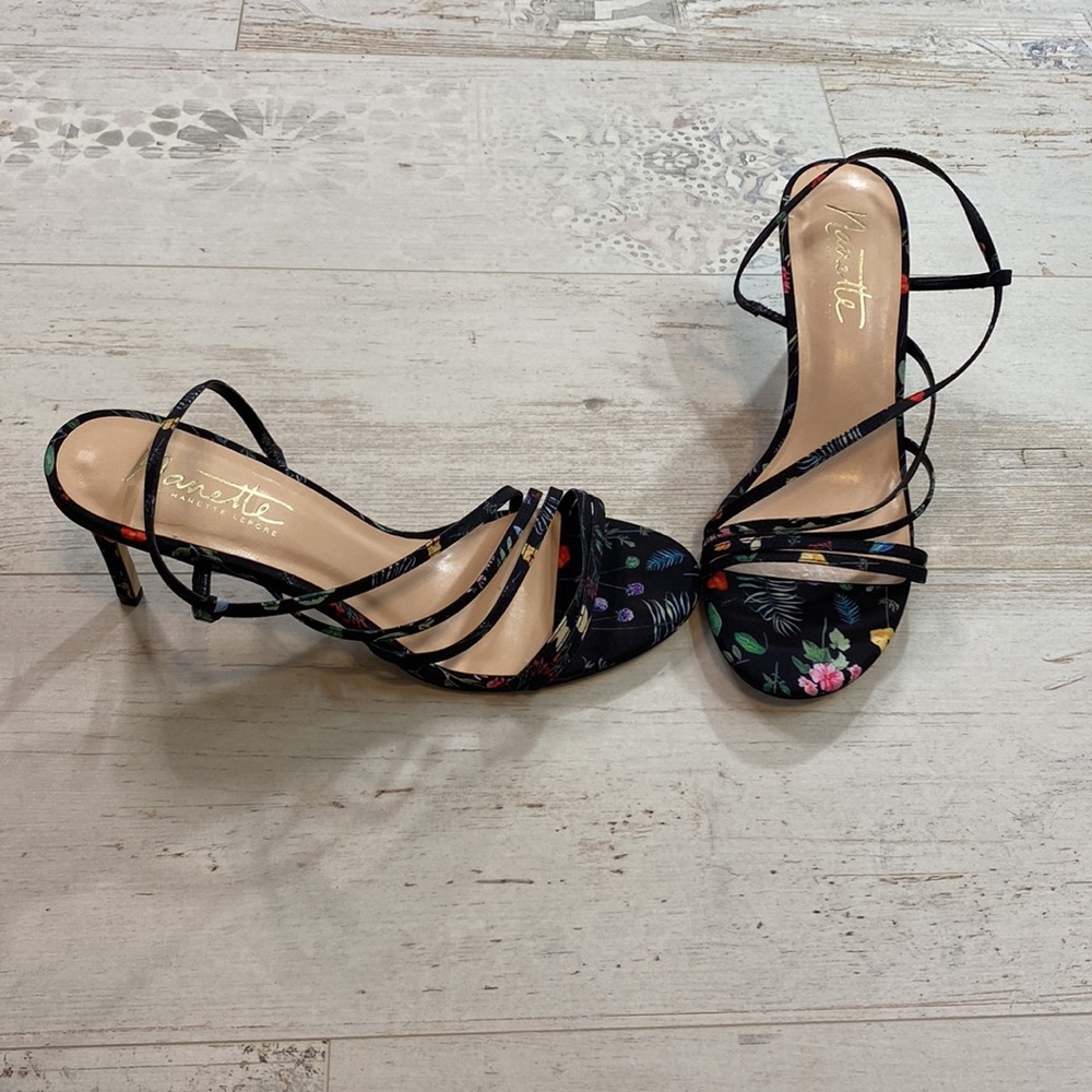 Nanette Lepore Bria Floral Strappy Heels Asymmetrical Sandals